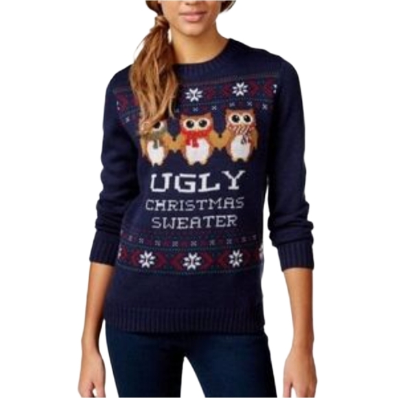 Belle Du Jour Sweaters - Belle Du Jour Navy Blue Ugly Christmas Owl Snowflake Sweater Size Medium